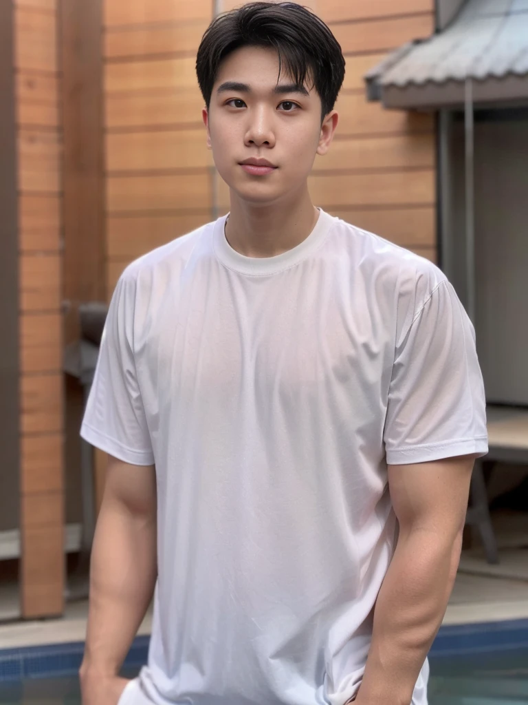 young man 20 years old , (ทรงผมแบบ Crew Cut: 1.3 ), black hair, short hair details, burly handsome man , white t-shirt ,White swimming trunks with large bulges, strong, handsome, outdoor, Take a steam shower., hot spring, Onsen, sweat, look at the audience., depth of field, Bokeh, Detailed background, Detailed light, diffuse natural sunlight, Skin glows naturally., symmetrical eyes