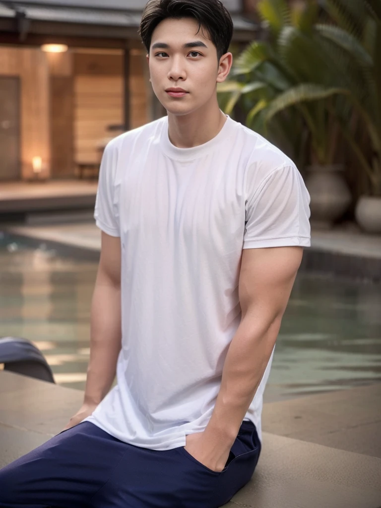 young man 20 years old , (ทรงผมแบบ Crew Cut: 1.3 ), black hair, short hair details, burly handsome man , white t-shirt ,White swimming trunks with large bulges, strong, handsome, outdoor, Take a steam shower., hot spring, Onsen, sweat, look at the audience., depth of field, Bokeh, Detailed background, Detailed light, diffuse natural sunlight, Skin glows naturally., symmetrical eyes