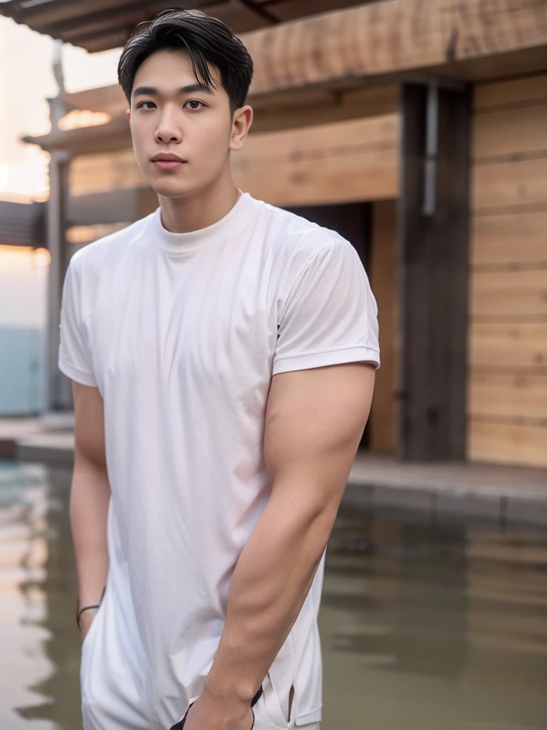young man 20 years old , (ทรงผมแบบ Crew Cut: 1.3 ), black hair, short hair details, burly handsome man , white t-shirt ,White swimming trunks with large bulges, strong, handsome, outdoor, Take a steam shower., hot spring, Onsen, sweat, look at the audience., depth of field, Bokeh, Detailed background, Detailed light, diffuse natural sunlight, Skin glows naturally., symmetrical eyes