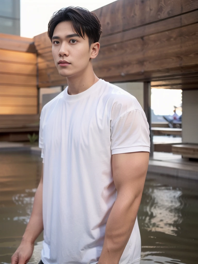 young man 20 years old , (ทรงผมแบบ Crew Cut: 1.3 ), black hair, short hair details, burly handsome man , white t-shirt ,White swimming trunks with large bulges, strong, handsome, outdoor, Take a steam shower., hot spring, Onsen, sweat, look at the audience., depth of field, Bokeh, Detailed background, Detailed light, diffuse natural sunlight, Skin glows naturally., symmetrical eyes