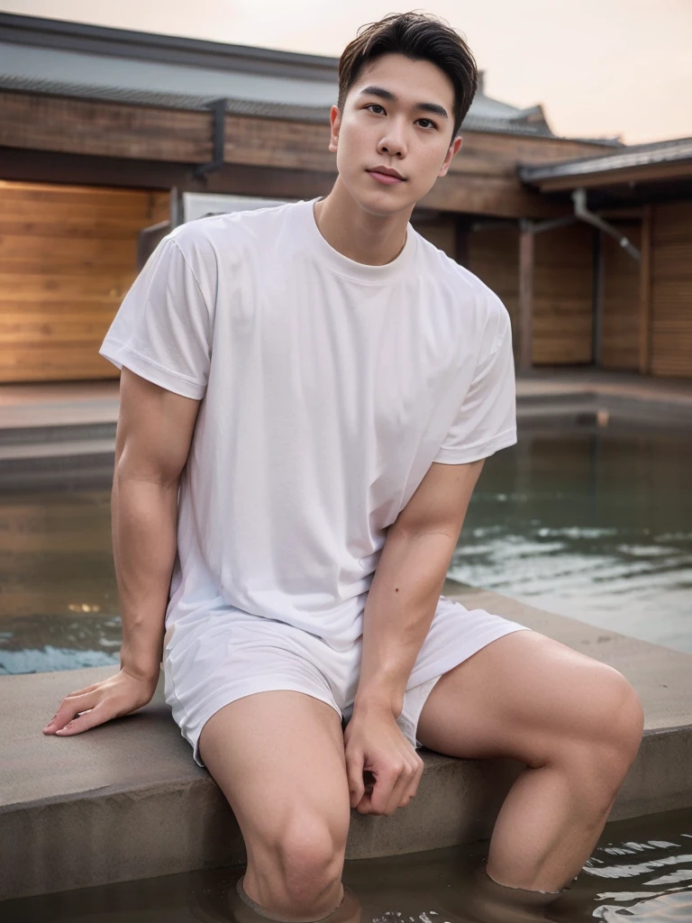 young man 20 years old , (ทรงผมแบบ Crew Cut: 1.3 ), black hair, short hair details, burly handsome man , white t-shirt ,White swimming trunks with large bulges, strong, handsome, outdoor, Take a steam shower., hot spring, Onsen, sweat, look at the audience., depth of field, Bokeh, Detailed background, Detailed light, diffuse natural sunlight, Skin glows naturally., symmetrical eyes