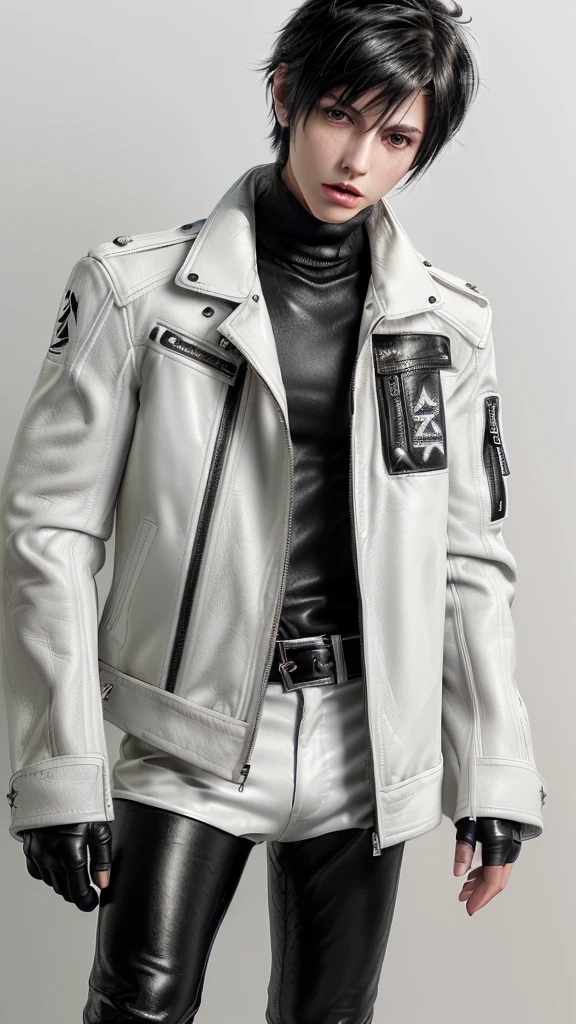 Final fantasy taste and reality graphics, ((Japanese young cute and cool ikemen boy)), his age is early 20s, thin eyebrows and beady eyes, ((he wearing off white color leather thick and heavy material jacket)), ((jacket is singlebrest)), ((biker style jacket)), ((jacket is large size)),((with epaulet)), ((jacket is long sleeve)), ((zipped front of the leather jacket)), , ((voluminous leather jacket)), ,((must jacket is high length and stand-up collar)) ((jacket collar with two belts)), ((jacket is a little black color line pattern)), ((also wearing black thick material turtleneck lackluster shirts)), ((tight black leather pants)), ((put black leather tight and thin glove on both hands)), ((black leather knee-high raceup boots)),((must views head-to-toe)),((must views whole body)), ,((Do not show skin from the neck down)),leather jacket leather glove and leather pants have few wrinkles, Avoid showing your innerwear,zip up jacket fastner.must put on a leather glove.
Boy is black hair.boy looks like fashion model.