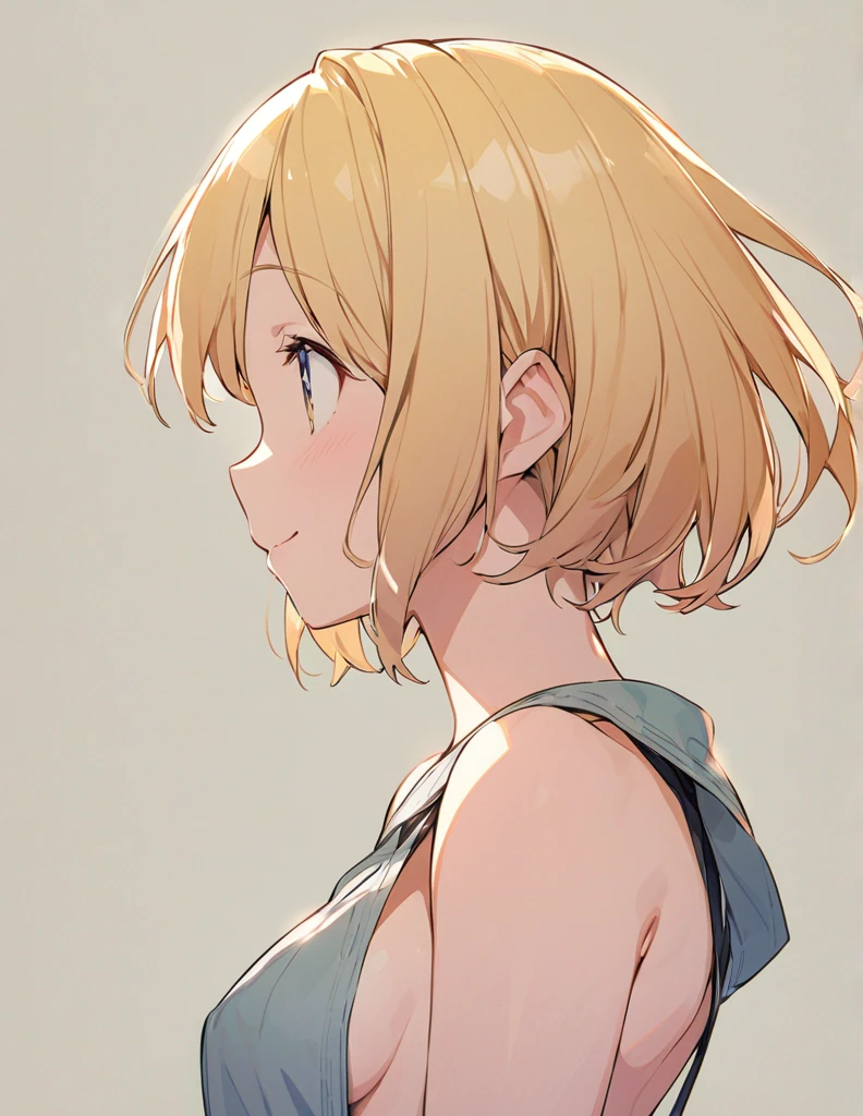 Profile of a cheerful blonde short-haired girl, side boob exposed