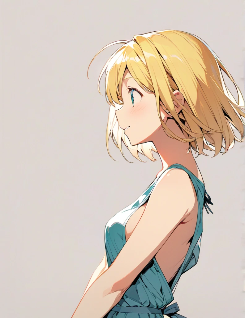 Profile of a cheerful blonde short-haired girl, side boob exposed
