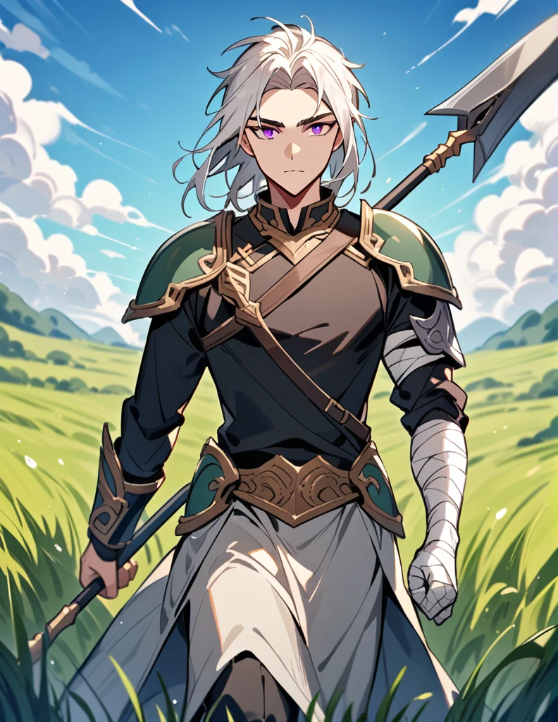 Greek boy with shoulder-length long white hair, violet eyes, one arm covered in bandages, equipped with a spear, wearing two silver shoulder pads and a black shirt, walking in a field of green grass with an open blue sky