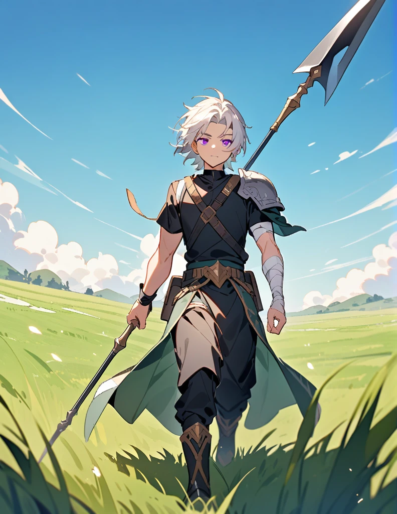 Greek boy with shoulder-length long white hair, violet eyes, one arm covered in bandages, equipped with a spear, wearing two silver shoulder pads and a black shirt, walking in a field of green grass with an open blue sky
