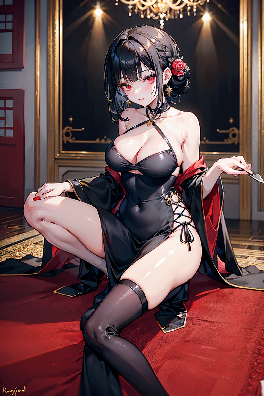 attractive woman, black hair, you forger, licking knife, wearing black fit dress, open chest, attractive , slim hands, red eyes, woman, attractive face, proud smile, open legs, wearing high dark over knee boots, yellow knife, beautiful eyelashes, beautiful lips, dark red Japanese room style, royal place, hair pulled up in the back without braiding, form-fitting halter-style black dress, girly face, royal chandelier, royal carpet house, 