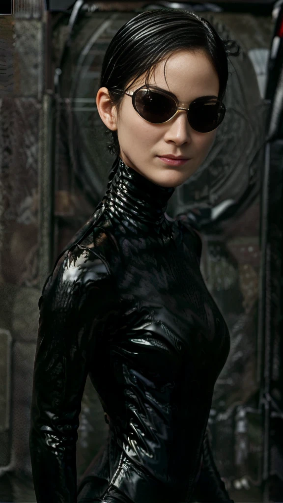 (Carrie-Ann Moss)(Trinity from The Matrix)short black hair,black (thin black sunglasses), gorgeous eyes, high arched eyebrows, seductive look,looking at viewer,big breasts,exposed cleavage,(black high gloss turtleneck vinyl jumpsuit:1.5), black leather pants, stilettos, midnight modern metropolis Paris France neon signs background, spot lighting, backlight on hair, shallow depth of field, bokeh, sexy pose(no nsfw images)