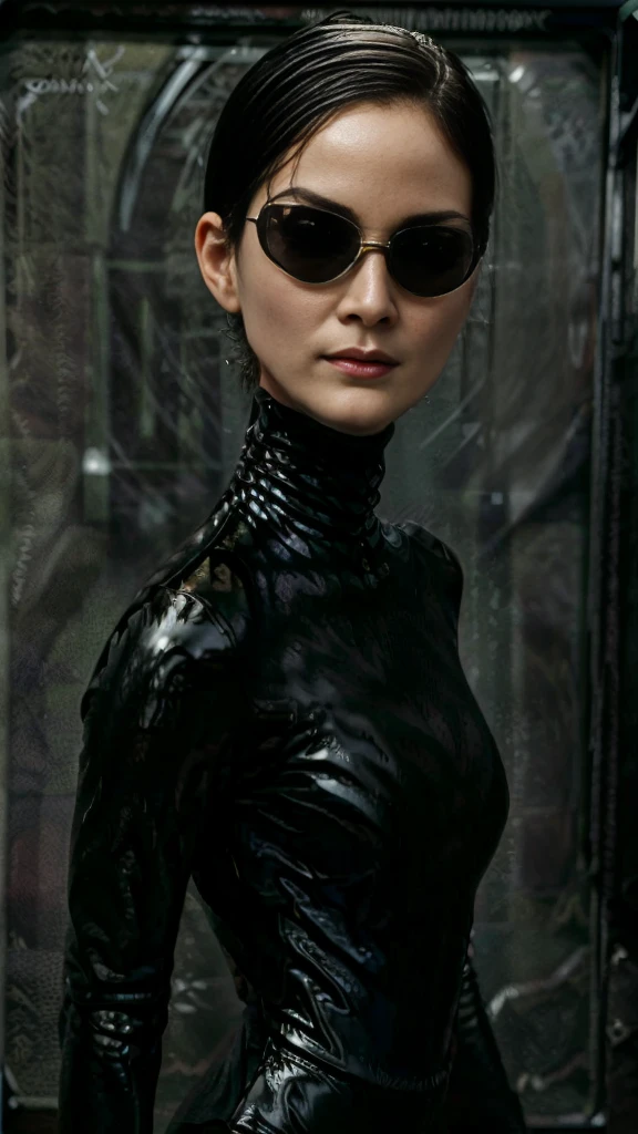 (Carrie-Ann Moss)(Trinity from The Matrix)short black hair,black (thin black sunglasses), gorgeous eyes, high arched eyebrows, seductive look,looking at viewer,big breasts,exposed cleavage,(black high gloss turtleneck vinyl jumpsuit:1.5), black leather pants, stilettos, midnight modern metropolis Paris France neon signs background, spot lighting, backlight on hair, shallow depth of field, bokeh, sexy pose(no nsfw images)