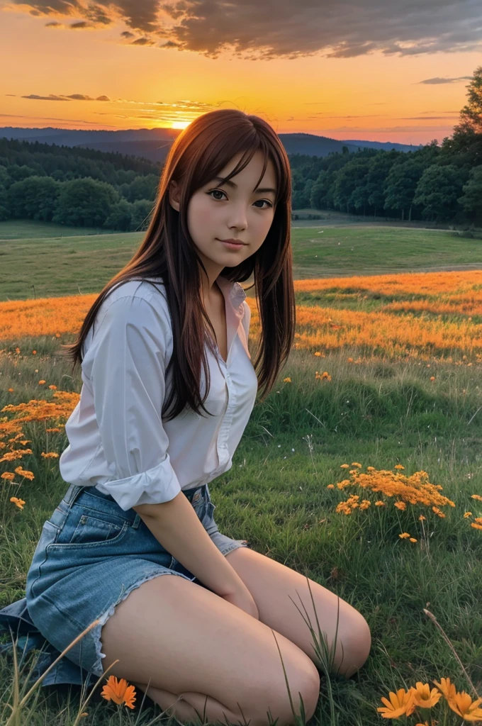 Anime girl sitting in a meadow watching the orange sky