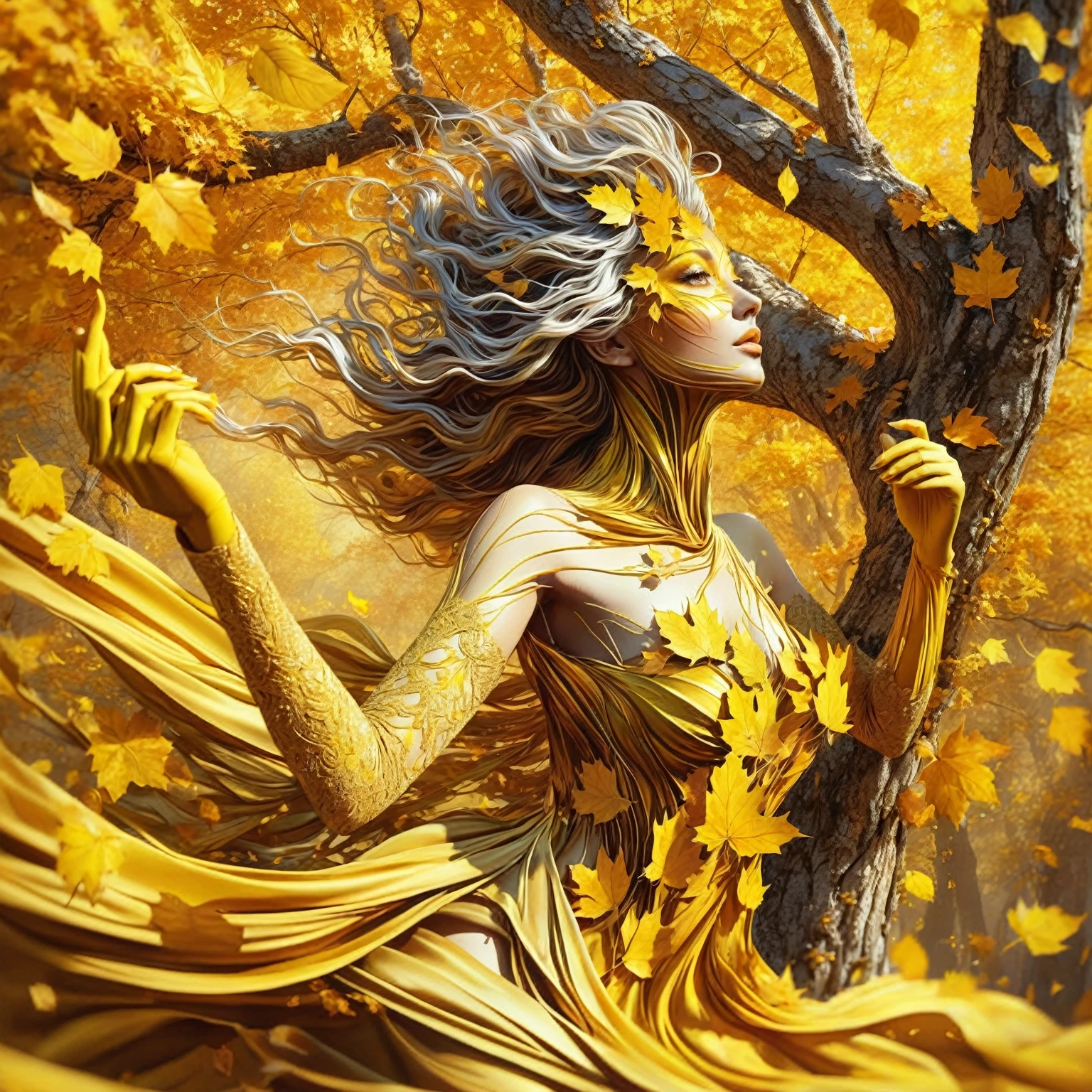 a woman in a yellow dress is standing next to a tree, goddess of autumn, beautiful autumn spirit, the goddess of autumn harvest, autumnal empress, goddess of nature, autumn wind, golden autumn, earth goddess mythology, beautiful digital artwork, beautiful elegant dryad, nature goddess, gorgeous digital art, beautiful digital art, dress of leaves, karol bak uhd