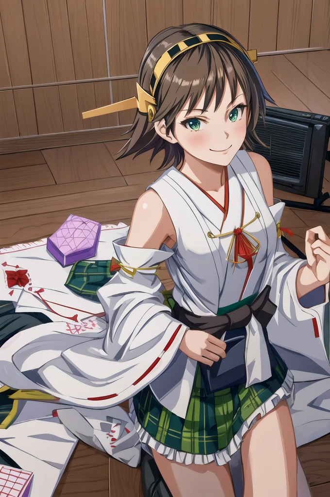 Highest quality, masterpiece, High resolution, alone, (Hiei Kai-2_Fleet Collection:1.15), オレンジ色hair, hairband, headgear, Non-traditional_Shrine maiden, smile, green_eye, Inverted up_hair, smile, One Girl, dependent_sleeve, green_skirt, Plaid, Plaid_skirt, ribbon-trimmed_sleeve, ribbon_trim, skirt, (indoor, office, living room), 