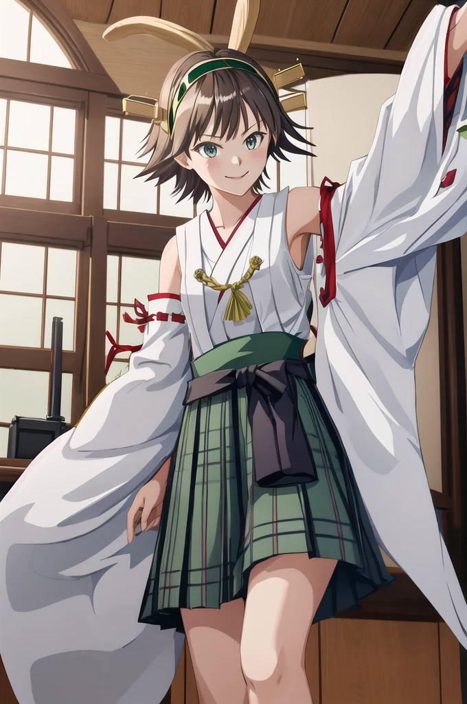 Highest quality, masterpiece, High resolution, alone, (Hiei Kai-2_Fleet Collection:1.15), オレンジ色hair, hairband, headgear, Non-traditional_Shrine maiden, smile, green_eye, Inverted up_hair, smile, One Girl, dependent_sleeve, green_skirt, Plaid, Plaid_skirt, ribbon-trimmed_sleeve, ribbon_trim, skirt, (indoor, office, living room), 