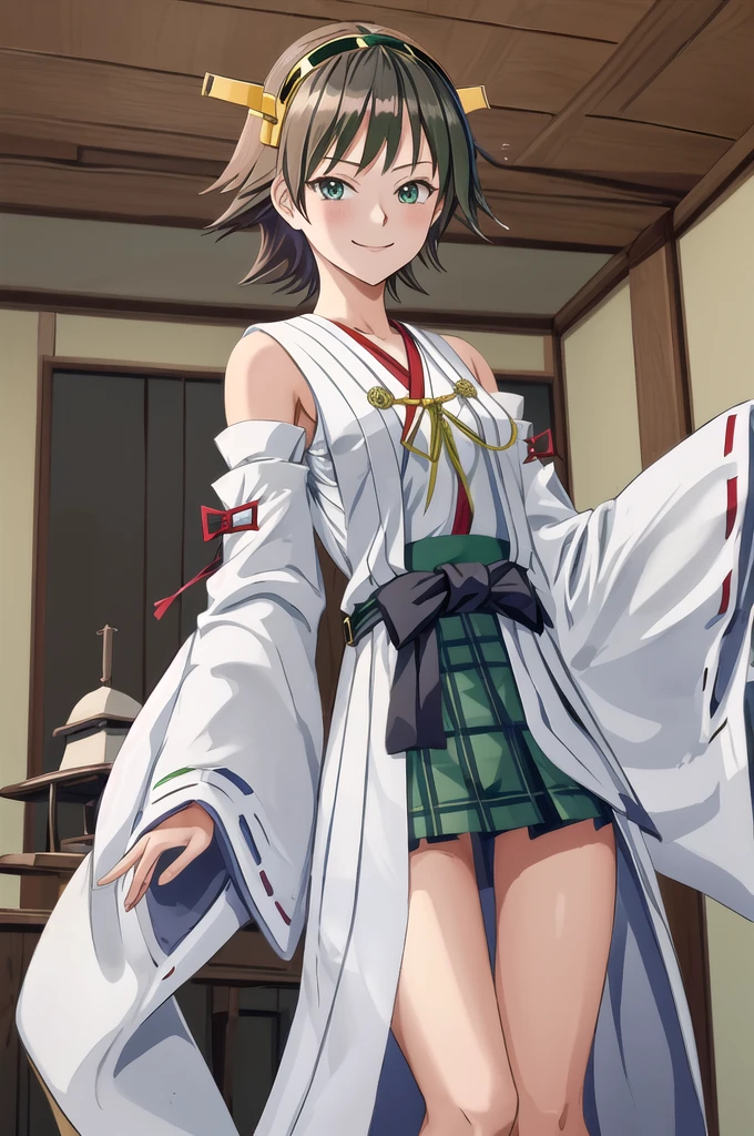 Highest quality, masterpiece, High resolution, alone, (Hiei Kai-2_Fleet Collection:1.15), オレンジ色hair, hairband, headgear, Non-traditional_Shrine maiden, smile, green_eye, Inverted up_hair, smile, One Girl, dependent_sleeve, green_skirt, Plaid, Plaid_skirt, ribbon-trimmed_sleeve, ribbon_trim, skirt, (indoor, office, living room), 