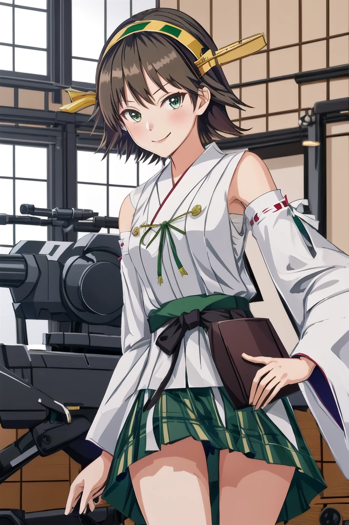 Highest quality, masterpiece, High resolution, alone, (Hiei Kai-2_Fleet Collection:1.15), オレンジ色hair, hairband, headgear, Non-traditional_Shrine maiden, smile, green_eye, Inverted up_hair, smile, One Girl, dependent_sleeve, green_skirt, Plaid, Plaid_skirt, ribbon-trimmed_sleeve, ribbon_trim, skirt, (indoor, office, living room), 