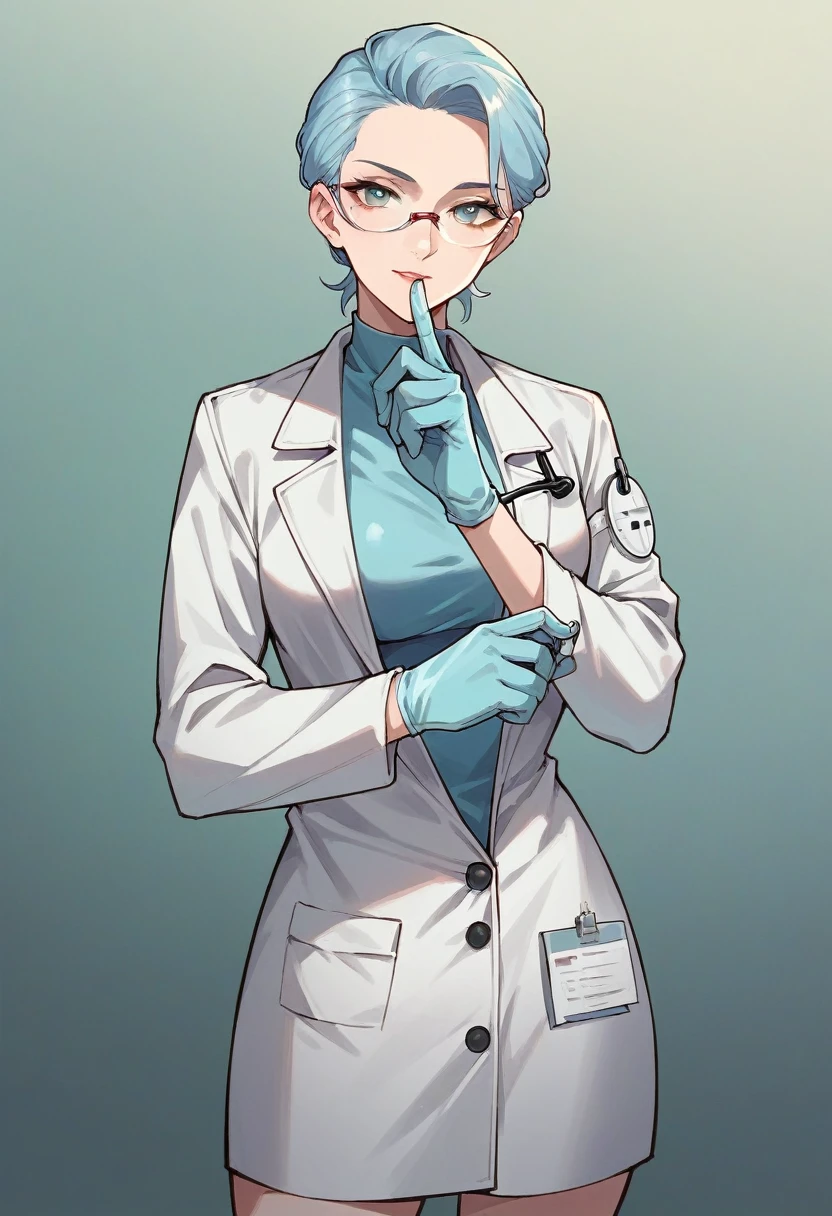 1girl, ((light blue medical gloves)), ((surgical gloves)), ((latex gloves)), ((long sleeves)), ((black surgeon outfit)), looking at viewer, ((black doctor outfit)), standing, solo