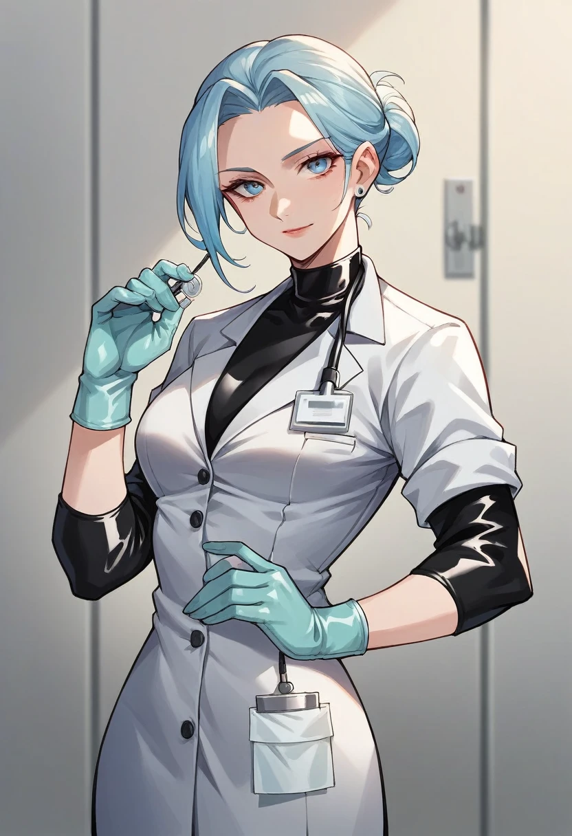 1girl, ((light blue medical gloves)), ((surgical gloves)), ((latex gloves)), ((long sleeves)), ((black surgeon outfit)), looking at viewer, ((black doctor outfit)), standing, solo