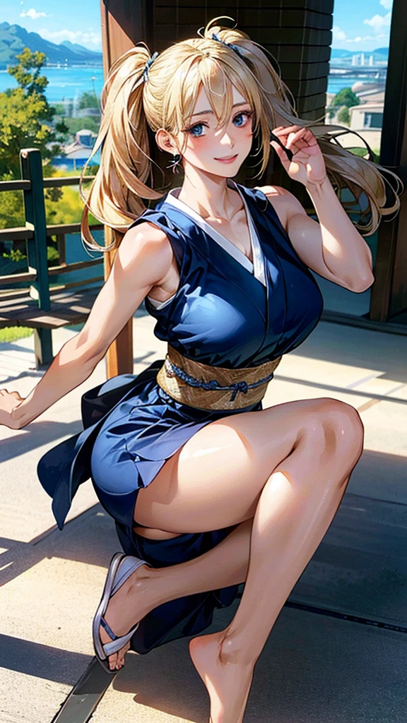 (masterpiece:1.3, Highest quality, Ultra-high resolution, Very detailed), (Realistic, photoRealistic:1.4), Beautiful illustrations, Perfect lighting, Natural light, colorful, Written boundary depth, NFSW,
View your viewers, 1 Girl, Japanese, high school girl, Perfect Face, Cute and symmetrical face, Shiny skin, Sunburned skin,
(Twin tails:1.5, Blonde), Hair between the eyes, blue eyes, (Large Breasts, seductive Thighs, Big Ass), Thighs, sum,
Beautiful Hair, Beautiful Face, Beautiful attention to detail, Beautiful clavicle, Beautiful body, Beautiful breasts, 美しいThighs, Beautiful feet, Beautiful fingers,
(Beautiful views), ((Fighting pose)), (Captivating smile,)