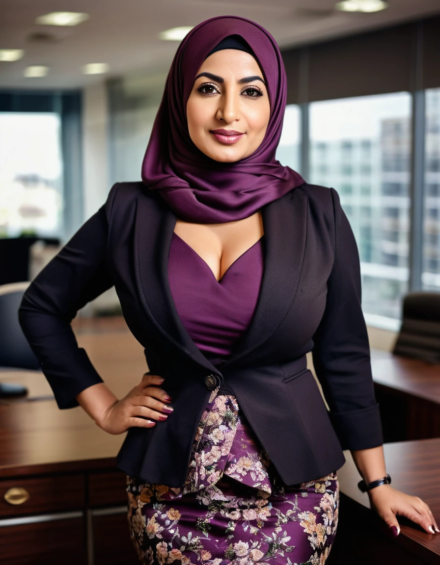 Fair and beautiful ,stunning ,curvy 45 year old Arab Muslim woman wearing a brown hijab and black office coat and dark plum office top with floral emboidry and mini skirt showing deep cleavage big breas,ts low neckline in depth of field office interior background , full body shot , instagram profice picture, professional