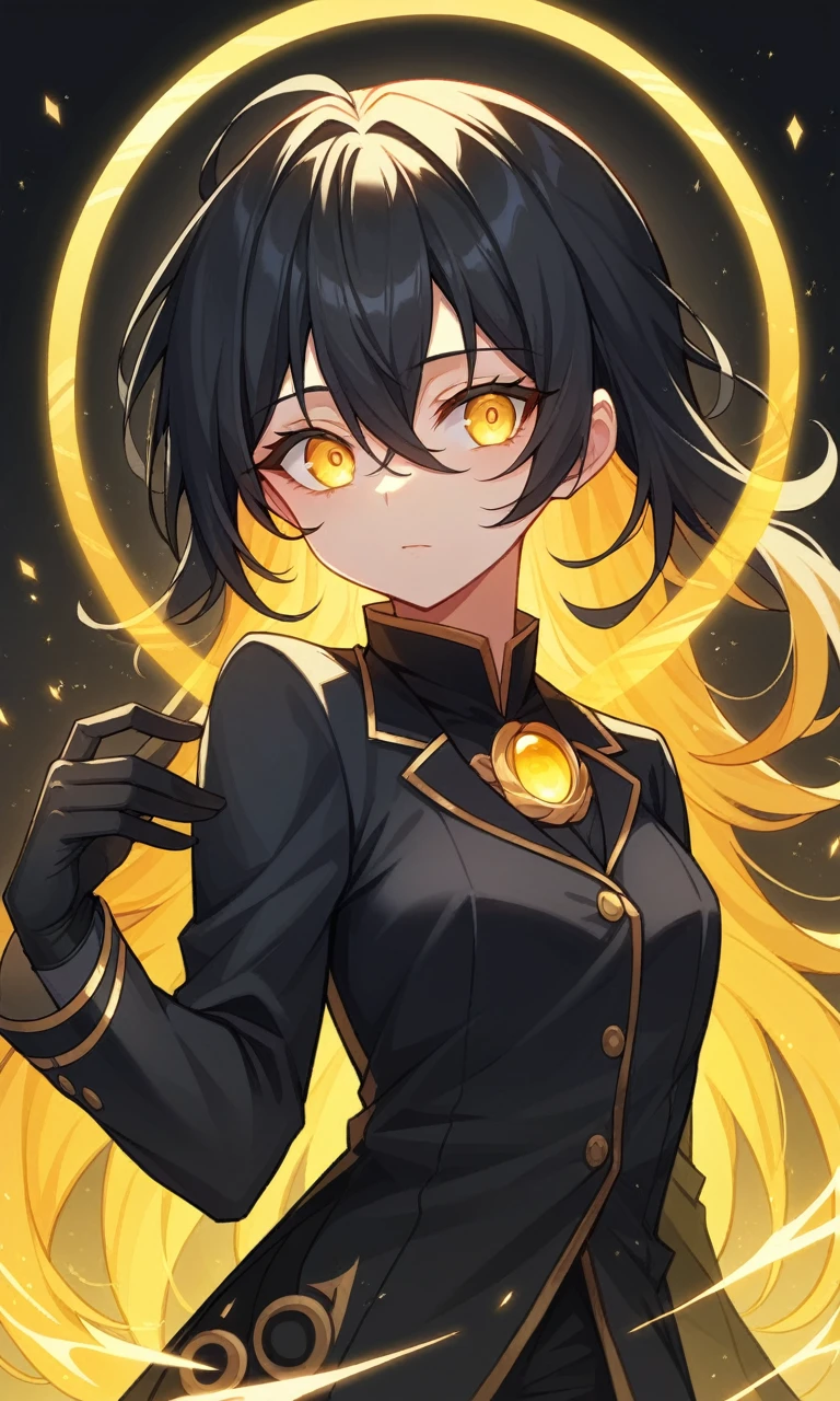 masterpeace, best quality, highres, 1girl, (yellow eye:1.5), black hair, hair between eyes, long hair, break asymmetrical clothes, face focus, magic background, black blazer, break (masterpiece:1.2), best quality, high resolution, unity 8k wallpaper, (illustration:0.8), (beautiful and delicate eye:1.6), very detailed face, perfect lighting, Highly detailed CG, (perfect hands, complete anatomy), (sexy:1.2), (cute_chest), alone, shiny hair, shiny eye, shiny skin, eyelashes, long eyelashes, black glove, nimbus,