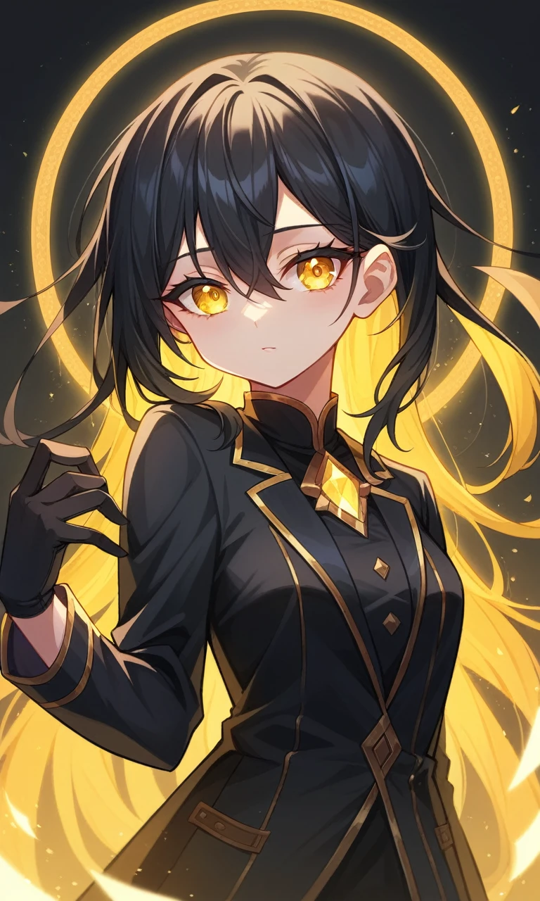masterpeace, best quality, highres, 1girl, (yellow eye:1.5), black hair, hair between eyes, long hair,  break asymmetrical clothes, face focus, magic background, black blazer, break (masterpiece:1.2), best quality, high resolution, unity 8k wallpaper, (illustration:0.8), (beautiful and delicate eye:1.6), very detailed face, perfect lighting, Highly detailed CG, (perfect hands, complete anatomy), (sexy:1.2), (cute_chest), alone, shiny hair, shiny eye, shiny skin, eyelashes, long eyelashes, black glove, nimbus,
