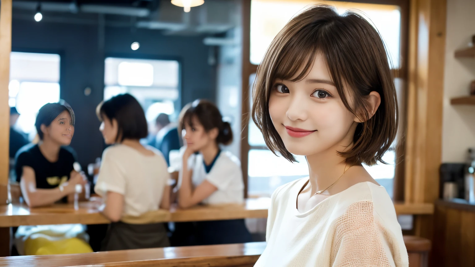 super high quality, Fashion Model, smile, Slenderのネックレス, Slender, The staff is working at the counter in the back., (8k、RAW Photos、Highest quality、masterpiece:1.2), Japanese Idol, Stylish café, (Realistic、Photorealistic:1.37), Mesh Hair, Urban Cafe, Golden Ratio, Raw photo, Cute face , Light Brown Hair, Small breasts, Bright cafe interior, Blurred Background, Summer clothes, Beautiful hairstyle, Photographed inside the cafe, Hair blowing in the wind, Neat clothes, T-Shirts, Very Short Hair, 18-year-old, Stylish clothes,