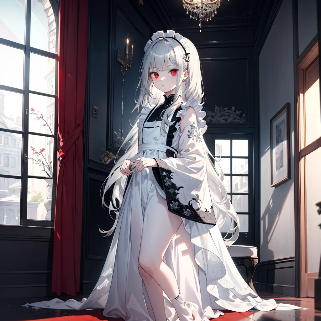 8k,High resolution RAW color art,Anime Art, (((Very detailed and cool))), Detailed skin, Blurry、texture,(Exquisitely crafted, Finer details, Ultra-detailed art), (((1 girl))), Written boundary depth, Silky to the touch, Hyper Detail, (((Cool face))), eye shadow、Silver Marble Skin, Beautiful and detailed red eyes, Beautiful lip detail, Very delicate face, Delicate depiction of hair and eyes, Delicate fashion, Full body description、Long silver hair、Red eyes、Simple maid clothes、Inside the house、A subtle piece、Standing posture、Classic long black and white、floor
