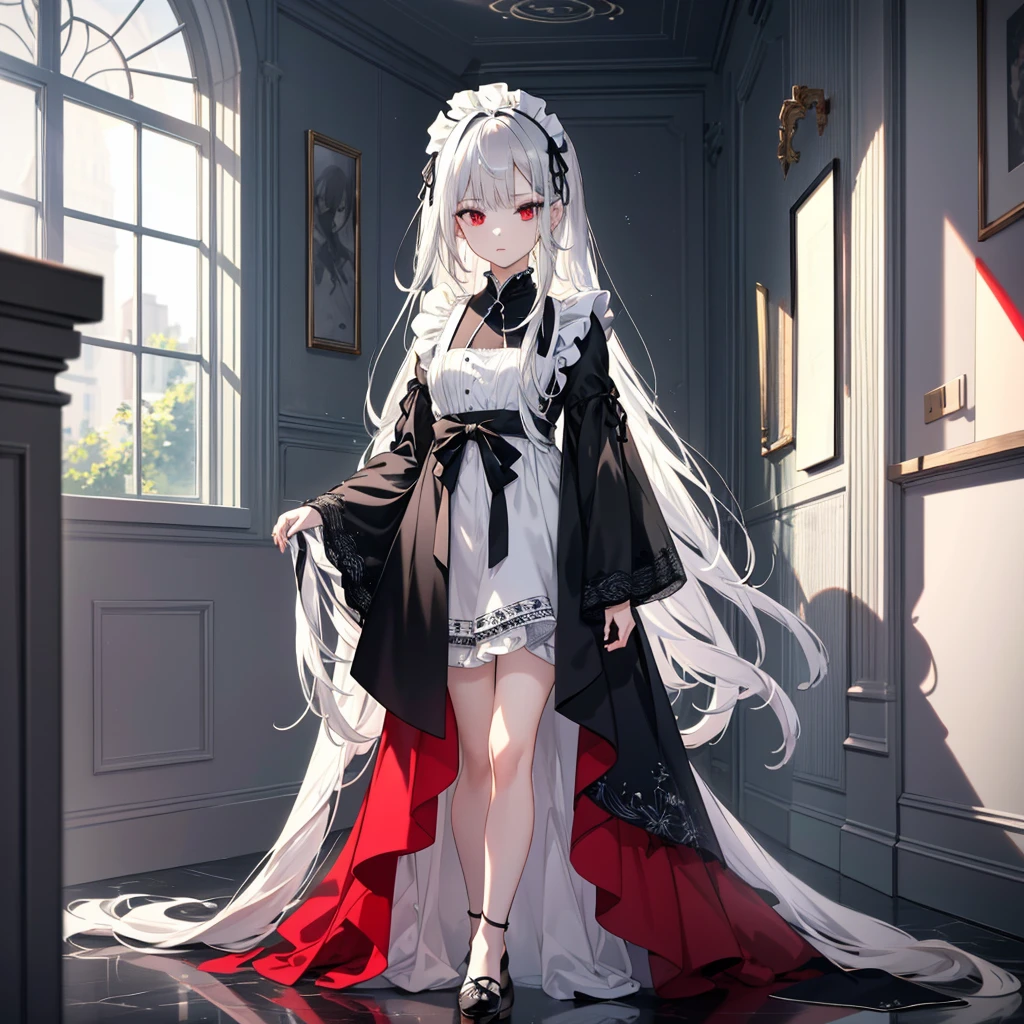 8k,High resolution RAW color art,Anime Art, (((Very detailed and cool))), Detailed skin, Blurry、texture,(Exquisitely crafted, Finer details, Ultra-detailed art), (((1 girl))), Written boundary depth, Silky to the touch, Hyper Detail, (((Cool face))), eye shadow、Silver Marble Skin, Beautiful and detailed red eyes, Beautiful lip detail, Very delicate face, Delicate depiction of hair and eyes, Delicate fashion, Full body description、Long silver hair、Red eyes、Simple maid clothes、Inside the house、A subtle piece、Standing posture、Classic long black and white、floor