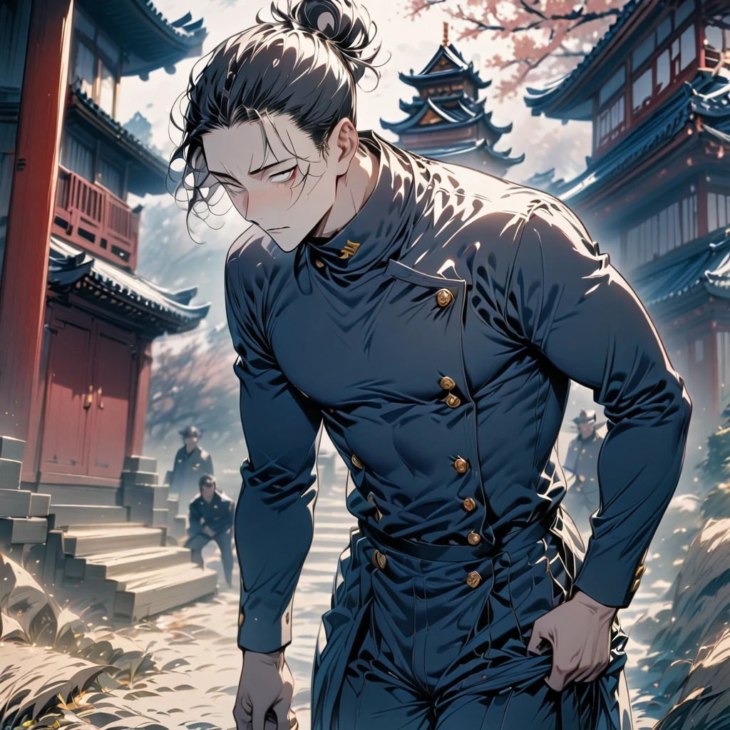 (masterpiece, best quality), intricate details, 1boy, man, black hair, , geto, suguru geto \(jujutsu kaisen\), long black hair partially tied up in a man bun while the rest drapes down his back, black eyes, dark blue gakuran jacket, matching pants, male focus, side buttoned jacket, polo neck jacket, slacked pants, , black loafers, japanese castle background, horror scene, upper body, full body shot, no human, high saturated colors.