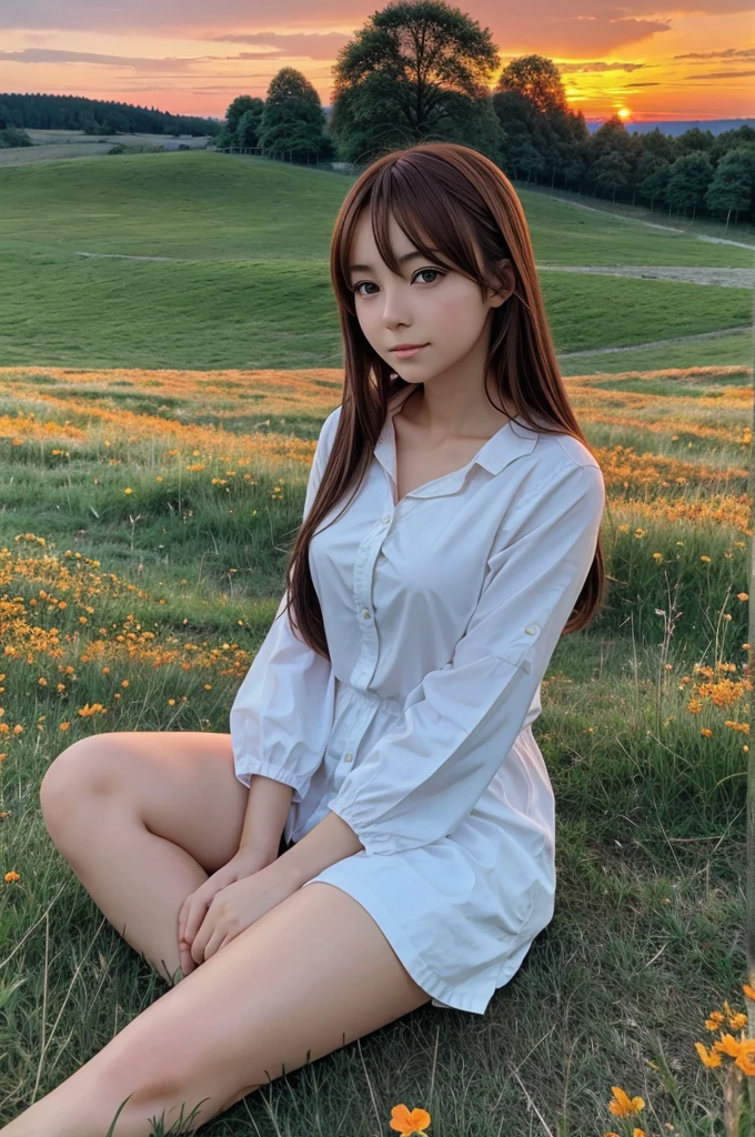 Anime girl sitting in a meadow watching the orange sky