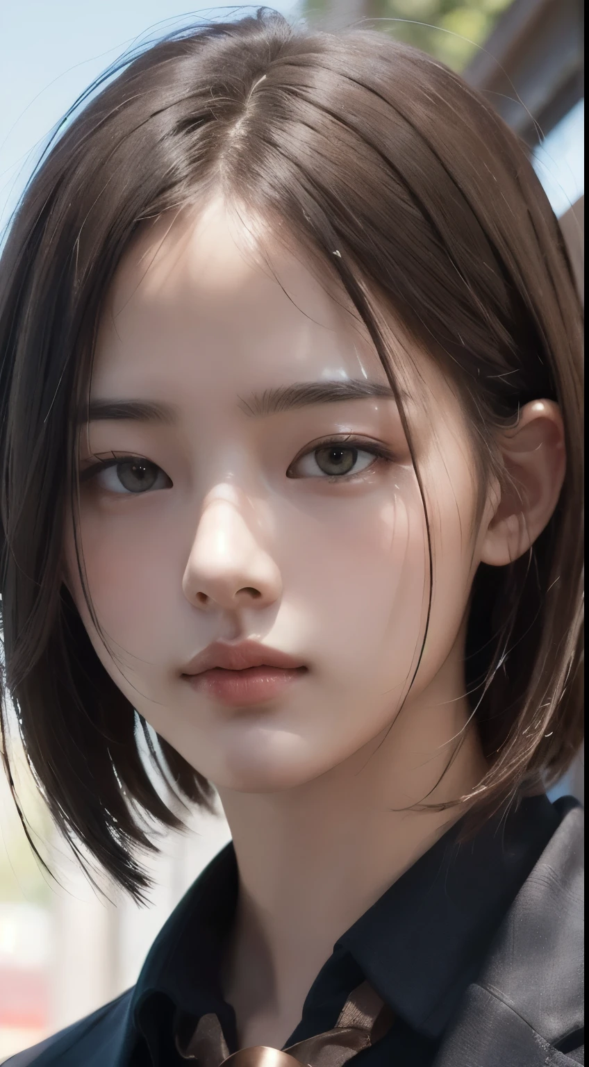 Realistic, Tabletop, Highest quality, RAW Photos, One Girl, alone, Handsome Short Hair, Copper-colored hair、Detailed face, Attractive face, Black collared shirt, Medium chest, Dynamic pose, View your viewers, From below, Detailed Background, Fine details, Intricate details, Ray Tracing, Depth of written boundary, Low Key, Hmph
