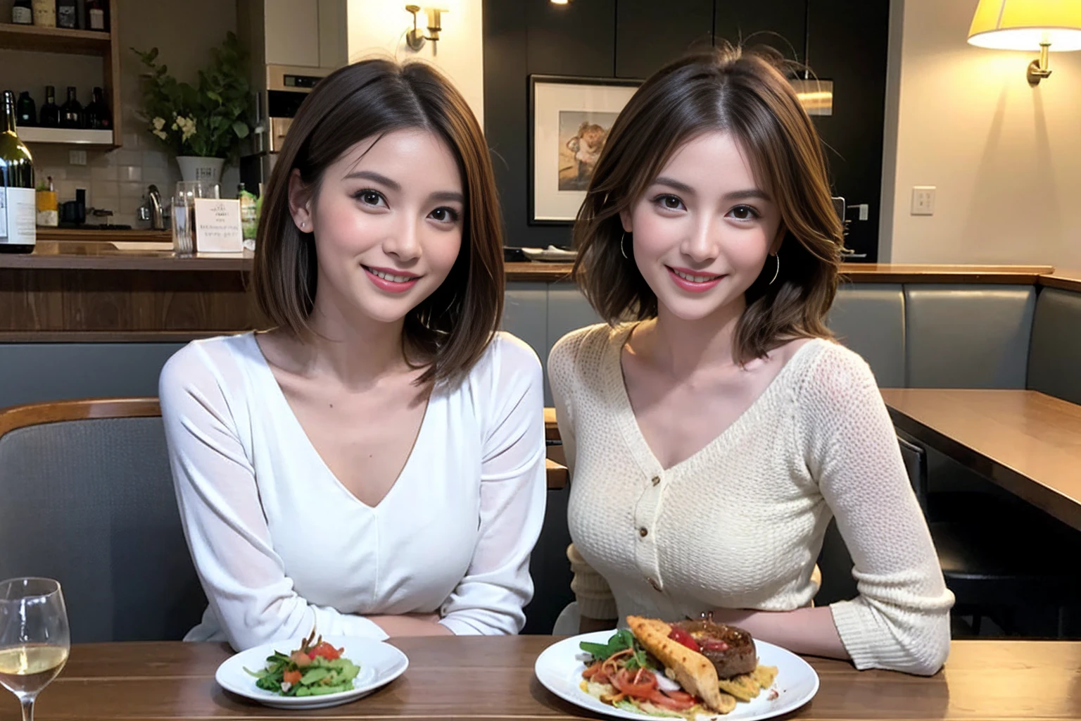（Realistic:1.1）,(masterpiece,Highest quality)，8k,(45 years old), 42 years old, slimカップル、Model Couple、actress/actor、Tight waist,Upper Body,full-course dinner、wine 、Amazing view of the sunset sky and clouds、Perfect Anatomy, Brown Hair, short hair,Random Hairstyles,((Highly detailed face and eyes:1.2))(cute顔:1.4)，美しいactressの顔，Perfect golden ratio face，Long sleeve shirt、dress,(smile:1.2)、Shortcuts、cute、(Realistic, Intricate details:1.2), A bright smile、short hair,Bright Face、赤wine 、Appetizers、Italian food、wine bottle、Champagne、スパークリングwine、(slimな顔), (The body is slim), (Brown Hair), (Shortcuts),  Upper Body, 白wine, slim, wineグラス, 