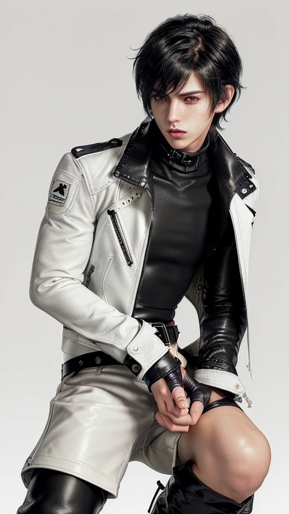 Final fantasy taste and reality graphics, ((Japanese young cute and cool ikemen  boy)), his age is early 20s, thin eyebrows and beady eyes,  ((he wearing off white color leather  thick and heavy material jacket)), ((jacket is singlebrest)), ((biker style jacket)), ((jacket is large size)),((with epaulet)), ((jacket is long sleeve)), ((zipped front of the leather jacket)), , ((voluminous leather jacket)), ,((must jacket is high length and stand-up collar)) ((jacket collar with two belts)), ((jacket is a little black color line pattern)), ((also wearing black thick material turtleneck lackluster shirts)),  ((tight black leather pants)),  ((put black leather tight and thin glove on both hands)), ((black leather knee-high raceup boots)),((must views  head-to-toe)),((must views whole body)), ,((Do not show skin from the neck down)),leather jacket leather glove and leather pants have few wrinkles, Avoid showing your innerwear,zip up jacket fastner.must put on a leather glove.
Boy is black hair.boy looks like fashion model.
