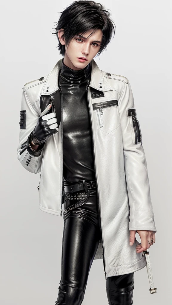 Final fantasy taste and reality graphics, ((Japanese young cute and cool ikemen boy)), his age is early 20s, thin eyebrows and beady eyes, ((he wearing off white color leather thick and heavy material jacket)), ((jacket is singlebrest)), ((biker style jacket)), ((jacket is large size)),((with epaulet)), ((jacket is long sleeve)), ((zipped front of the leather jacket)), , ((voluminous leather jacket)), ,((must jacket is high length and stand-up collar)) ((jacket collar with two belts)), ((jacket is a little black color line pattern)), ((also wearing black thick material turtleneck lackluster shirts)), ((tight black leather pants)), ((put black leather tight and thin glove on both hands)), ((black leather knee-high raceup boots)),((must views head-to-toe)),((must views whole body)), ,((Do not show skin from the neck down)),leather jacket leather glove and leather pants have few wrinkles, Avoid showing your innerwear,zip up jacket fastner.must put on a leather glove.
Boy is black hair.boy looks like fashion model.