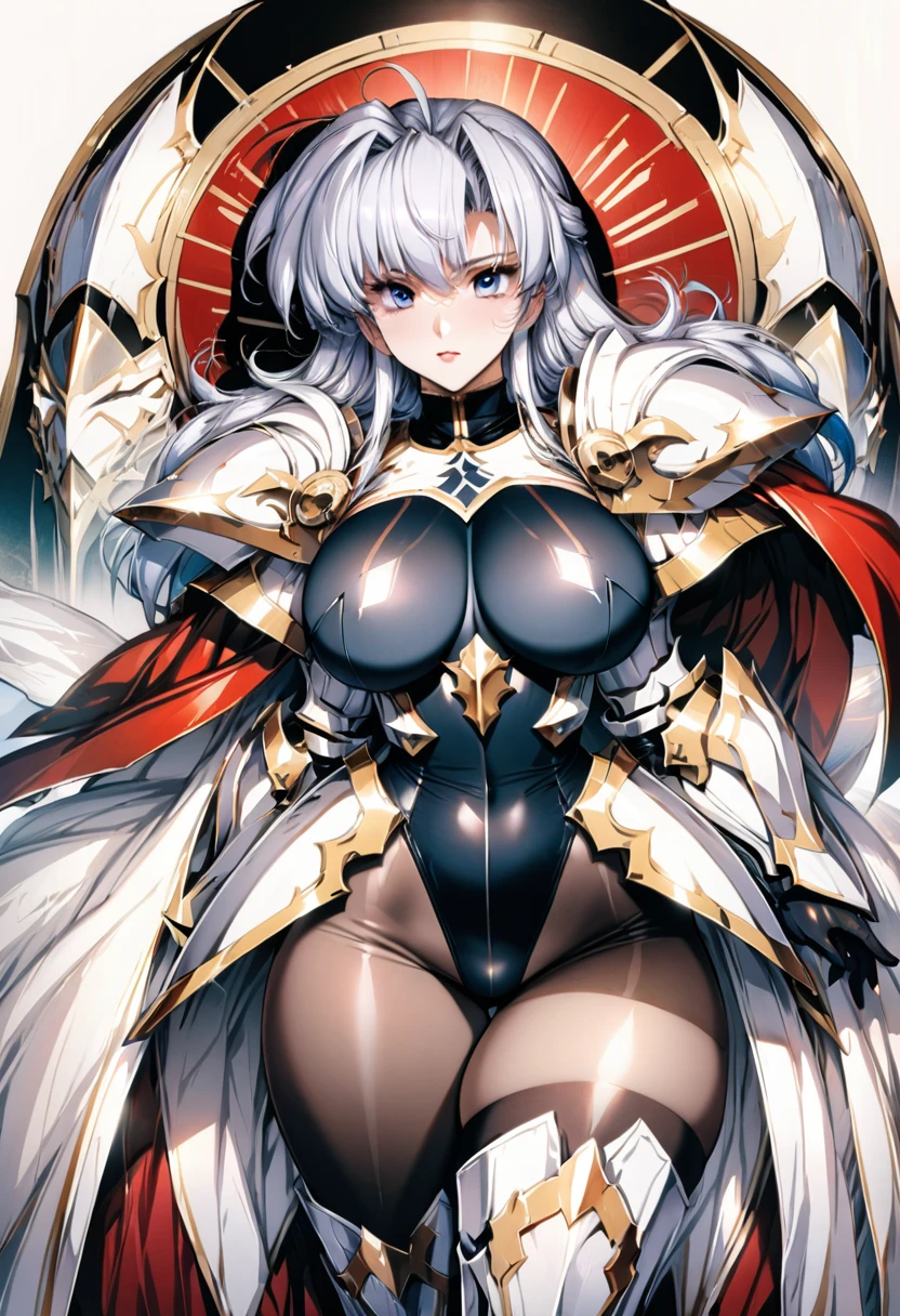((highest quality)), ((masterpiece)), ((hyperrealistic)), (detailed background), 1girl, ((curvy: 1.2)), perfect face, ((Langrisser)), makeup, ((black high cut leotard: 1.5)), ((catsuit)), ((white paladin armor)), ((long skirt)), (Noble cloak de cour), gauntlet, gloves, glossy black straight hair, ahoge, (huge breasts: 1.3), (see-through cleavage cutout: 1.2), (see-through pantyhose thigh: 1.3), (zettai ryouiki armored thigh-high boot), beautiful blue eyes, Perfect hands, perfect fingers,