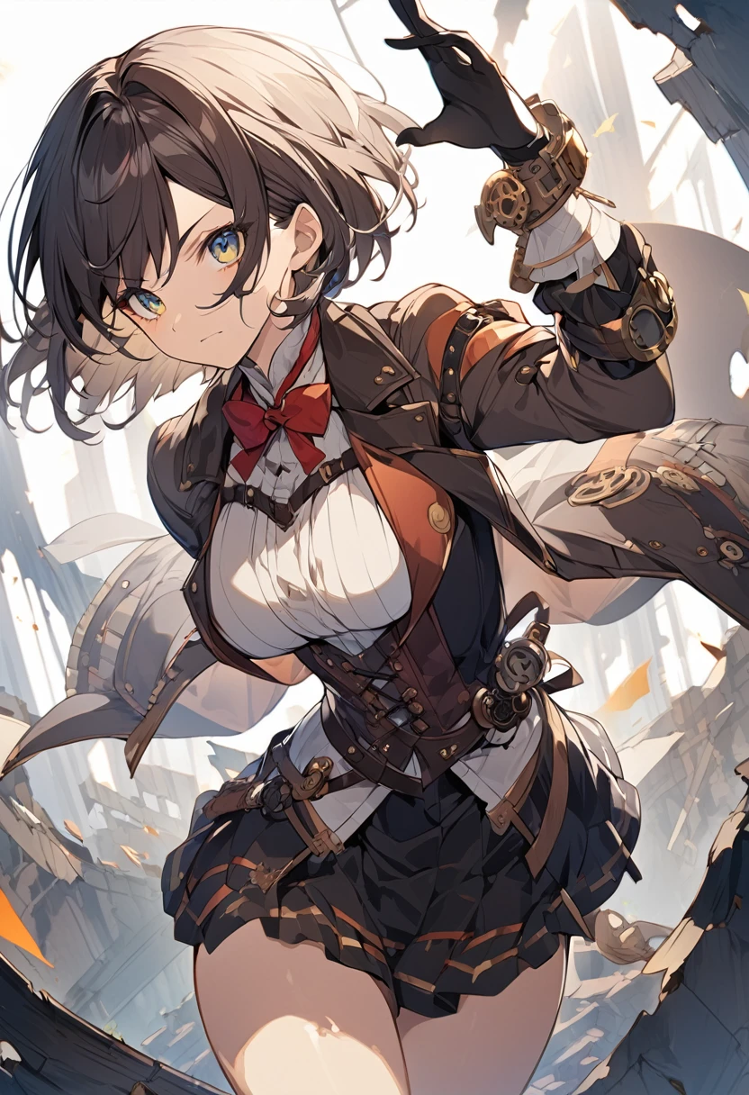 steampunk、Girl、Rin々has a nice face、Short Hair、Wearing vivid colors、The background is ruins、Have a dynamic pose