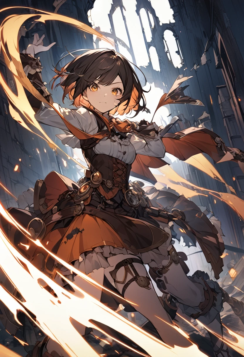 steampunk、Girl、Rin々has a nice face、Short Hair、Wearing vivid colors、The background is ruins、Have a dynamic pose