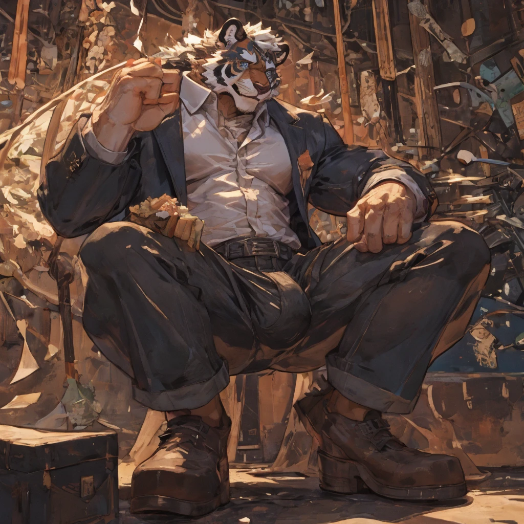 {{bara extremely handsome white tiger,}} {{white fur,}} white, wearing elegant ornate suit jacket, trousers, white dress shirt and necktie, white fluffy furry body and limbs, loafers, very tall, very broad shoulders, narrow waist, muscular arms, massive pecs, purple eyes, very long legs, massive bulge, sophisticated hot look, 3/4 view, best quality, high detail, CG image, character splash art, silver earring on left ear, sultry smirk