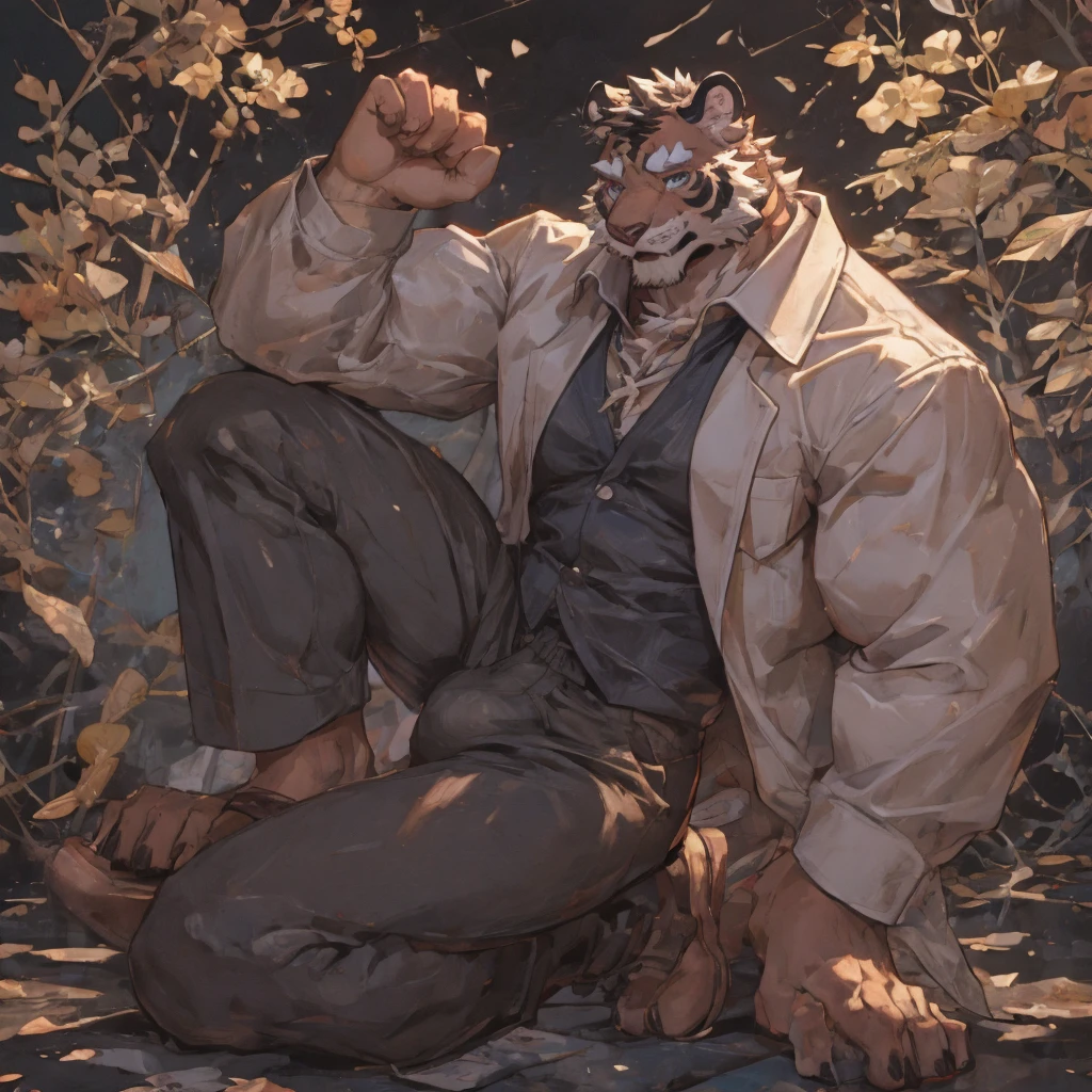 {{bara extremely handsome white tiger,}} {{white fur,}} white, wearing elegant ornate suit jacket, trousers, white dress shirt and necktie, white fluffy furry body and limbs, loafers, very tall, very broad shoulders, narrow waist, muscular arms, massive pecs, purple eyes, very long legs, massive bulge, sophisticated hot look, 3/4 view, best quality, high detail, CG image, character splash art, silver earring on left ear, sultry smirk