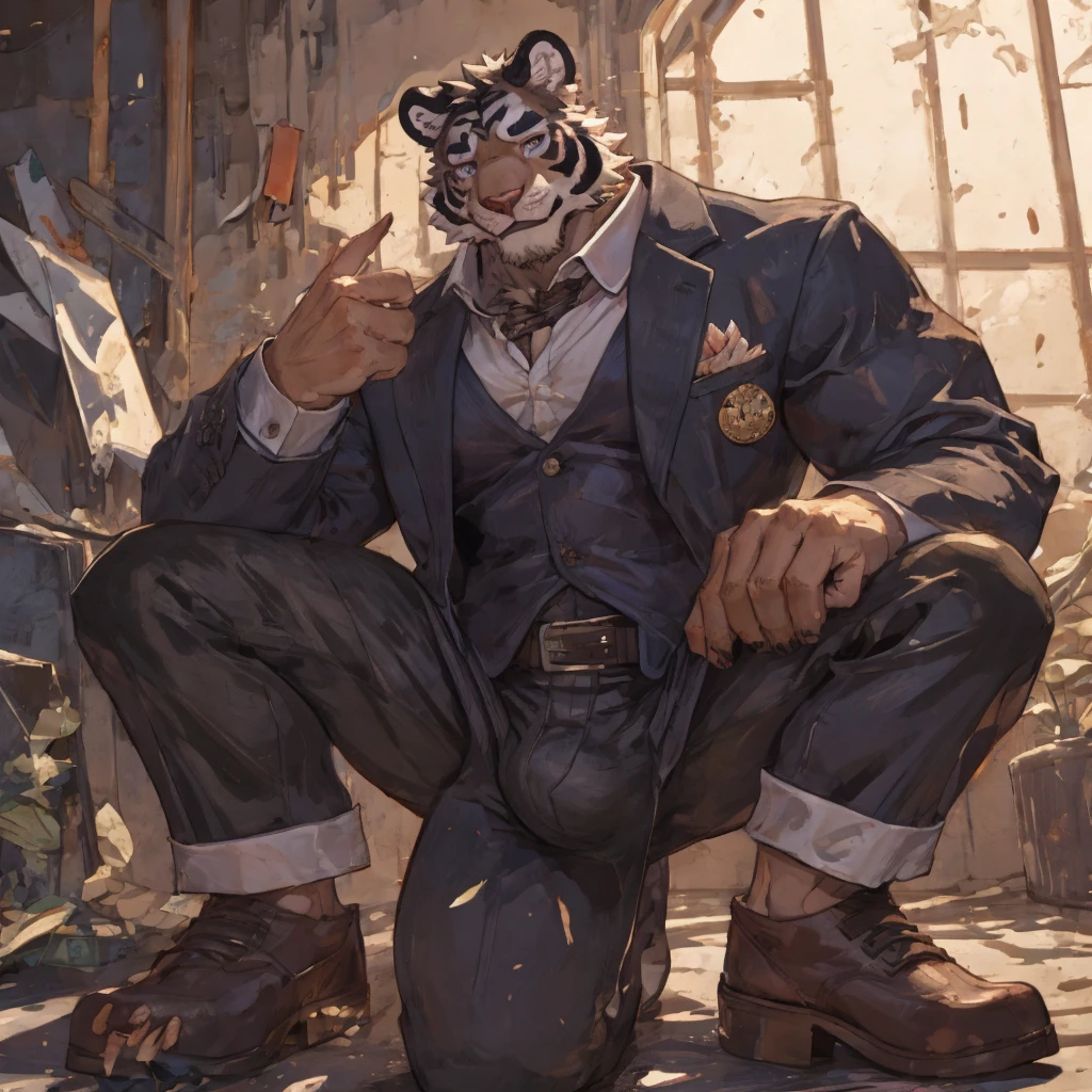 {{bara extremely handsome white tiger,}} {{white fur,}} white, wearing elegant ornate suit jacket, trousers, white dress shirt and necktie, white fluffy furry body and limbs, loafers, very tall, very broad shoulders, narrow waist, muscular arms, massive pecs, purple eyes, very long legs, massive bulge, sophisticated hot look, 3/4 view, best quality, high detail, CG image, character splash art, silver earring on left ear, sultry smirk