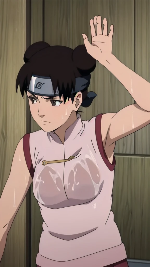 Tenten,alone,Underarms,wet Underarms, showing wet Underarms, Underarm,Underarms,Sweat,Sweaty,Sweaty Underarms,awesome Underarms,tired,Exhausted,Raise the hand,Arm warmers,No sleeve, Medium sized breasts