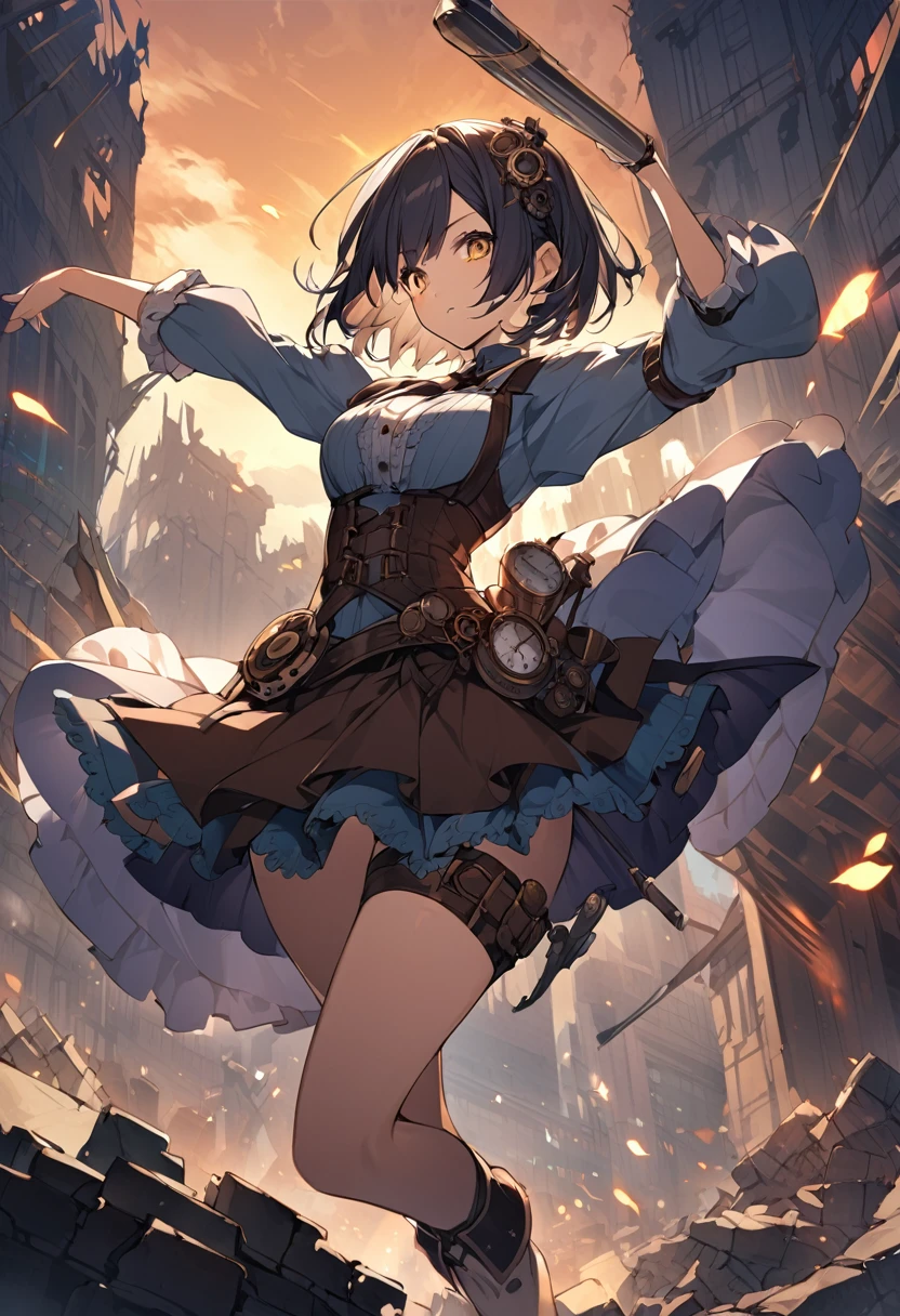 steampunk、Girl、Rin々has a nice face、Short Hair、Wearing vivid colors、The background is ruins、Have a dynamic pose