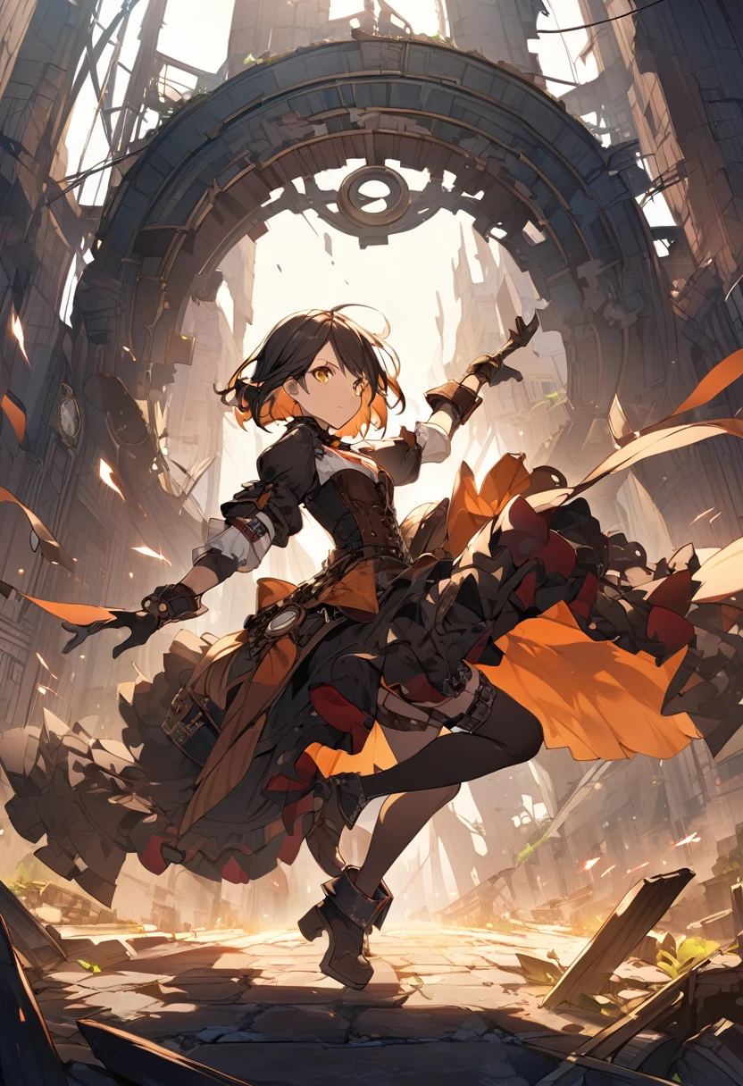 steampunk、Girl、Rin々has a nice face、Short Hair、Wearing vivid colors、The background is ruins、Have a dynamic pose