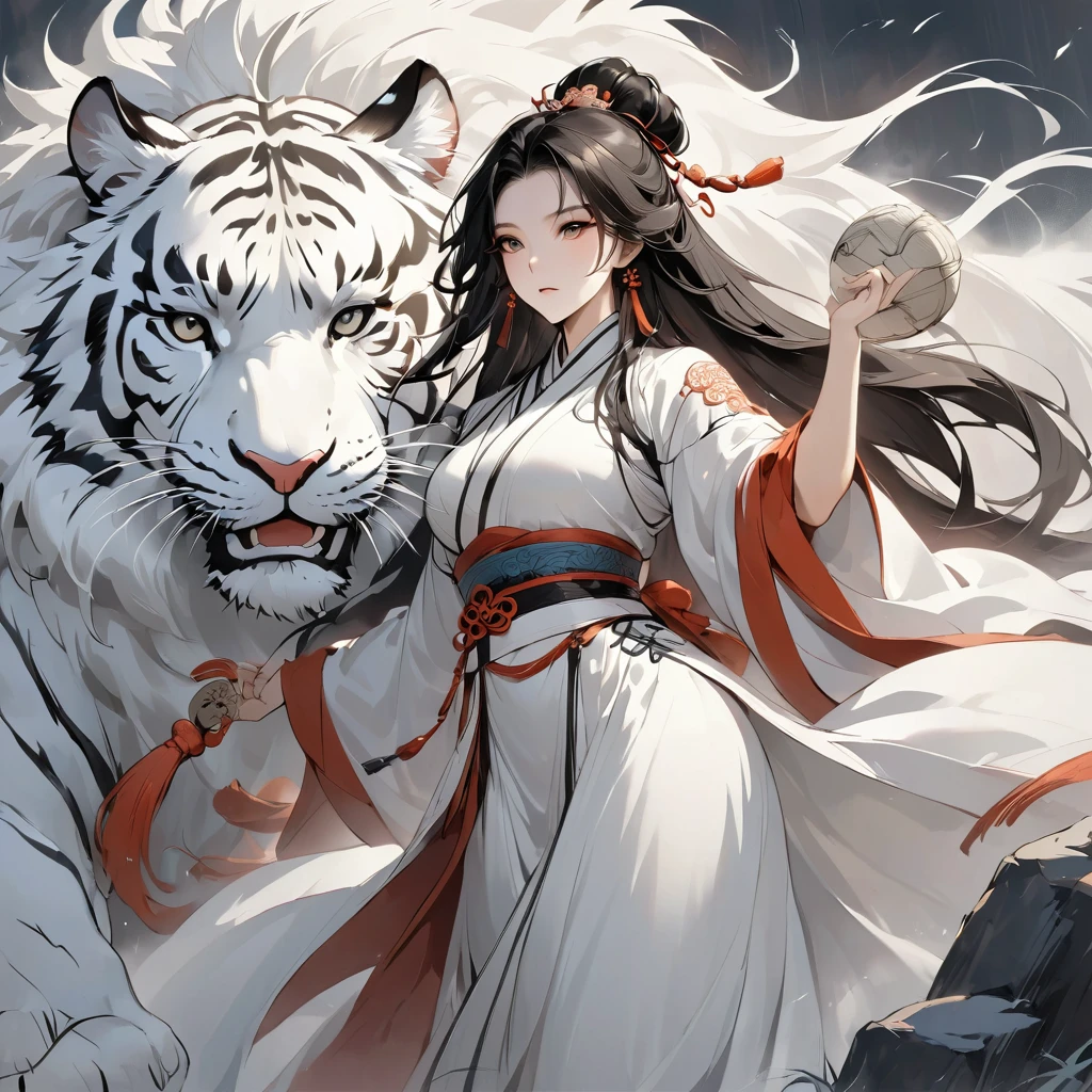 Chinese legend, the White Tiger of the West and 1 goddess, facing a storm