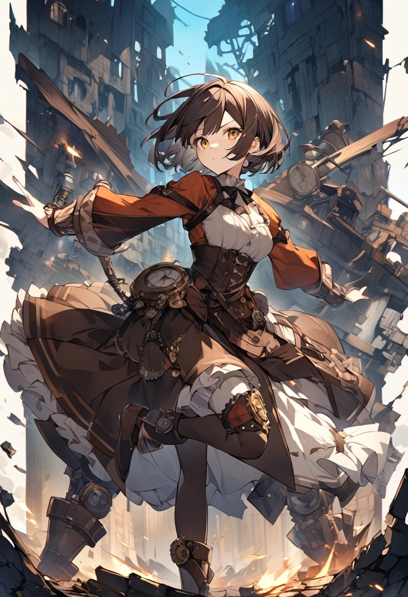 steampunk、Girl、Rin々has a nice face、Short Hair、Wearing vivid colors、The background is ruins、Doing dynamic poses