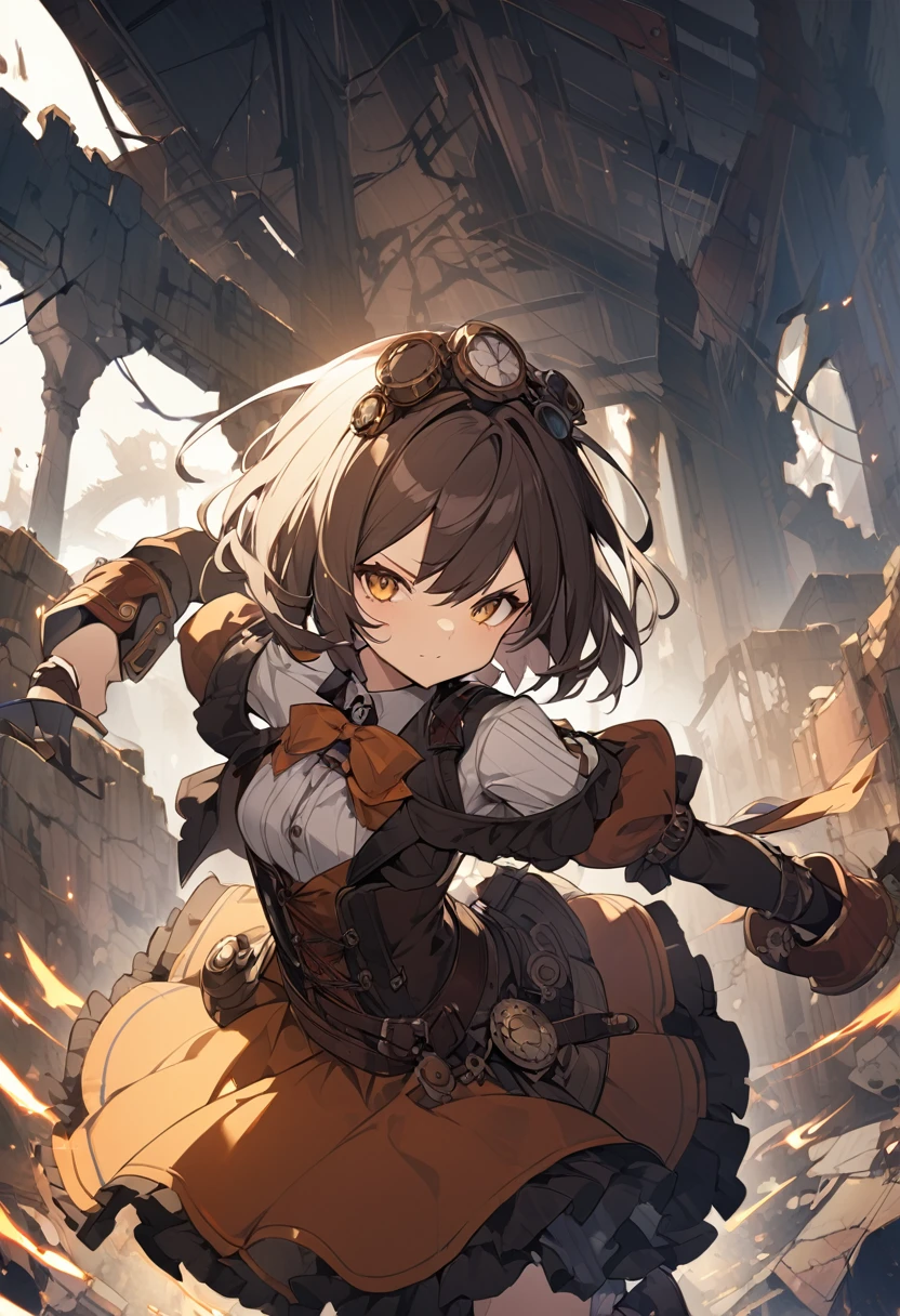 steampunk、Girl、Rin々has a nice face、Short Hair、Wearing vivid colors、The background is ruins、Doing dynamic poses