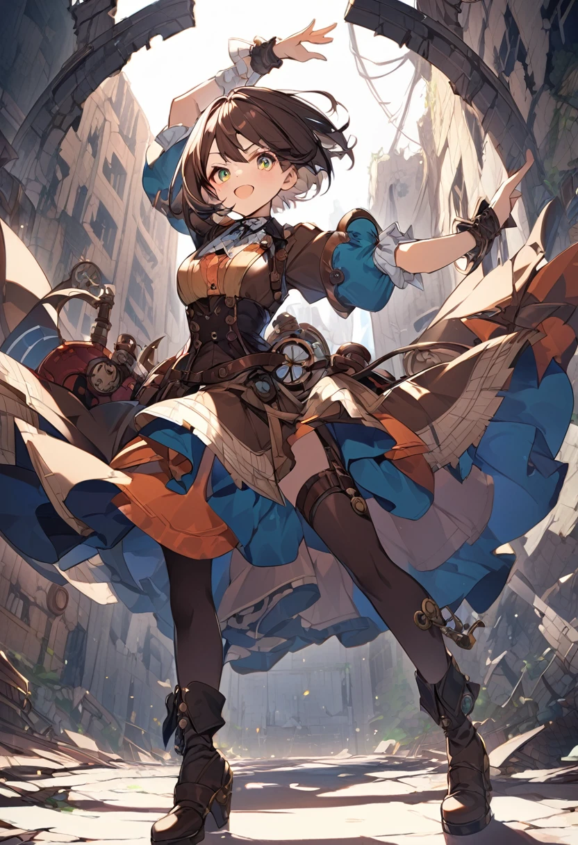 steampunk、Girl、Rin々has a nice face、Short Hair、Wearing vivid colors、The background is ruins、Doing dynamic poses