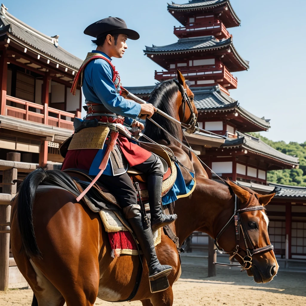 A man riding a horse looking at a Japanese samurai castle