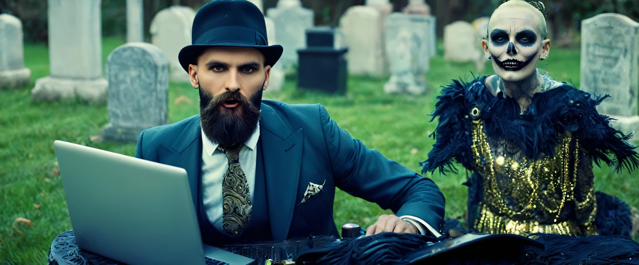 Create imaginative and amazing images demonstrating the style of ((Roaring 20s)), hyper realistic, 8k, vibrant colors, sharp crisp image, art deco, flapper, 20s style,one beard man working on a computer, PC, internet, laptop, graveyard, nightmare, disturbing, creepy, gloomy, rotten,