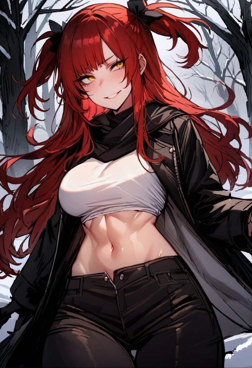 masterpiece, best quality 1girl, solo, beautiful woman, messy bangs, red hair, long hair, hair two side up by black bows , yellow eyes, grin, large breasts, toned stomach, white tank top, black coat, figureless black gloves, pants, fantasy looking at viewer. snowy woods background